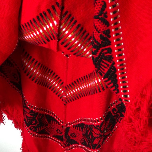 Hippie Poncho Shawl Red Fish Boho StripeGeo Knit Cape Blanket Vintage Fe… - Picture 9 of 12